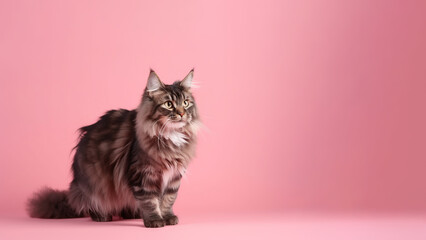 Wall Mural - American Bobtail cat post on pink background with copyspace (Generative AI)