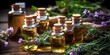 Herb oil bottles of homeopathy herbs. Generative AI.