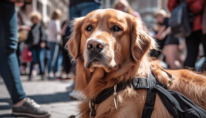 Sticker - Golden retriever puppy walking with owner in nature generated by AI