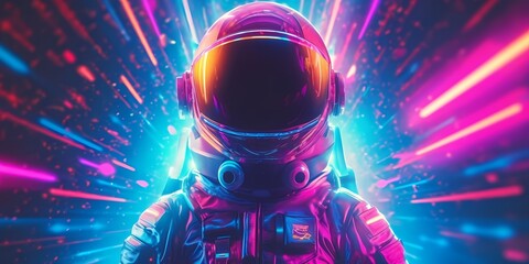 Psychedelic Retro Wave Astronaut in Neon Tubes Light. Pink Blue Violet Trendy Colors. Front View of a Space Suit. Generative Ai.