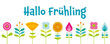 © Artlanes - Hallo Frühling - Schriftzug in deutscher Sprache. Grußbanner mit abstrakten Blumen.