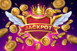 Jackpot Badge with Flying Gold Coins, Game Banner, Vector Illustration
