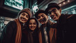 Young adults embrace, smiling in warm winter cap generated by AI
