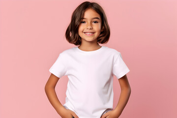 Wall Mural - Female child, girl wearing bella canvas white shirt mockup, at pink background. Design tshirt template, print presentation mock-up. AI generated.