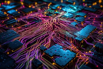 Wall Mural - Technological Synapses. Abstract design depicting a digital circuit board symbolizing neural connections with streams of light or a microchip technology. AI