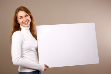 Sticker - Portrait of a beautiful young woman holding a white sheet of paper