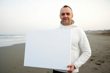 Man holding a blank white board on the beach with ocean background.