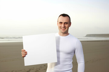 Sticker - Handsome young man holding white sheet of paper on the beach