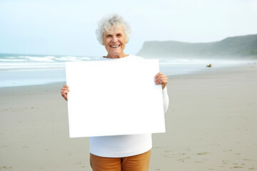 Wall Mural - Portrait of happy senior woman holding blank sheet of paper on beach