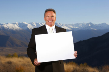 Wall Mural - Businessman holding a blank white sheet of paper in front of mountains