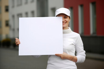 Wall Mural - Young woman holding a blank sheet of paper in the city. Mock up