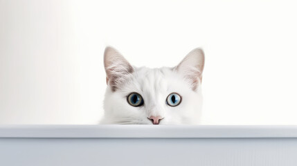 Wall Mural - portrait of a peeking cat head. Funny white cat peeking out. Copy Space. Generative AI