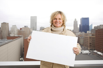 Poster - Mature woman holding a blank white sheet of paper in the city