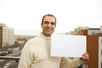 Poster - Portrait of a smiling man holding a blank sheet of paper in the city