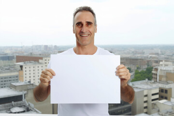 Wall Mural - Mature man holding a blank sheet of paper on the background of the city