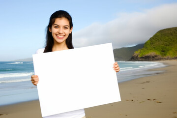 Poster - Pretty young woman holding a blank white board on the beach in Hawaii