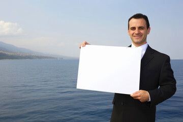 Sticker - Portrait of a businessman holding a blank sheet of paper on the background of the sea