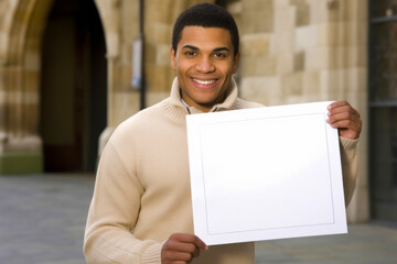 Sticker - Portrait of happy young african american man holding blank paper