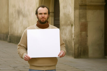 Sticker - Man holding a blank sheet of paper in his hand. Copy space.