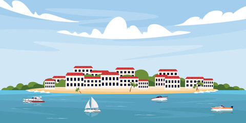 Vector illustration of a beautiful seascape. Cartoon scene of a summer landscape with clouds, houses with greenery, a beach with palm trees, a sea with yachts and sailboats. Panoramic landscape.