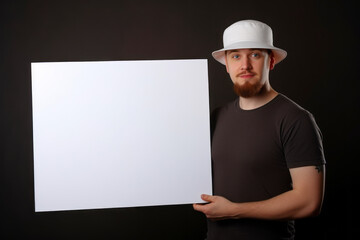 Handsome young man with beard and hat holding white board on black background