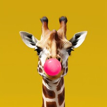Giraffe In Zoo Isolated Chewing Pink Bubble Gum Created With Generative AI Technology