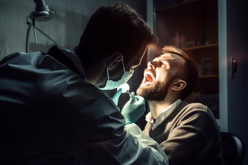 A man getting his teeth checked by a dentist. AI generative image