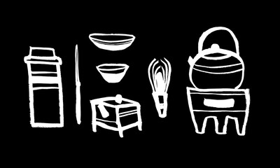 Wall Mural - Vector set of utensils for Japanese traditional tea ceremony. Teapot, cup, matcha. Calligraphy, ink, brush, hand drawing, sketch. White on black. Eps10