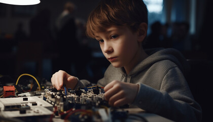 Sticker - Cute Caucasian boys repairing equipment with technology generated by AI