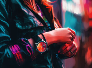Fototapete - Woman Hand Wearing Modern Smartwatch. Generative AI