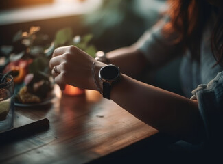 Fototapete - Woman Hand Wearing Modern Smartwatch. Generative AI