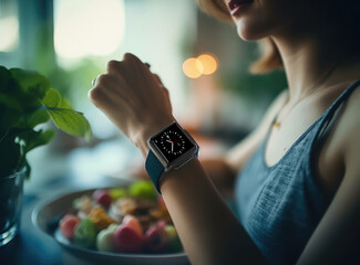Fototapete - Woman Hand Wearing Modern Smartwatch. Generative AI