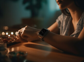 Fototapete - Woman Hand Wearing Modern Smartwatch. Generative AI