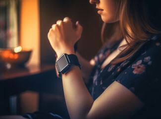Fototapete - Woman Hand Wearing Modern Smartwatch. Generative AI