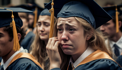 Wall Mural - Young adults in graduation gowns celebrate success generated by AI