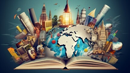 Education and Intelligence Collage with Global Travel Theme, bulb, light, map, generative AI