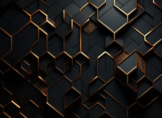 Dark black mosaic background with golden lines Art Deco luxury style texture Created with Generative AI technology