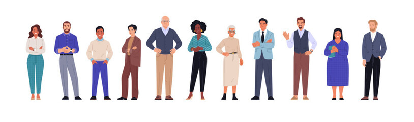 Wall Mural - Multinational business team. Vector illustration of diverse cartoon men and women of various ethnicities, ages, and body types in office outfits. Isolated on white.