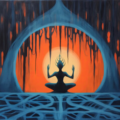 Poster - spiritual sunset meditation yoga illustration - by generative ai