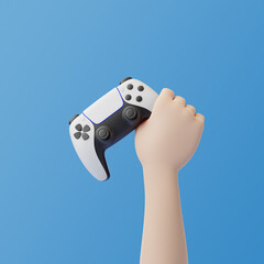 Wall Mural - Сartoon hand holding a gamepad on a blue background. Joystick for video game. Game controller. Creative Minimal Gaming concept. 3D rendering illustration