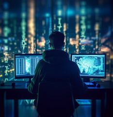 A man watching the screens of his computer at night, hacking or coding. A trader on stock exchange - Generative AI