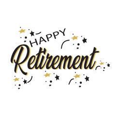 Happy Retirement card. Beautiful greeting banner poster calligraphy black text word gold ribbon. Hand drawn design. Handwritten modern brush lettering white background isolated vector etc.