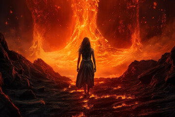 Wall Mural - woman walking into a fantasy flaming landscape. redemption. long black hair. silhouette of woman walking into the fire.