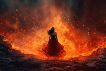 Wall Mural - fantasy woman with red dress walking into the flames. dark black hair blowing in the wind.