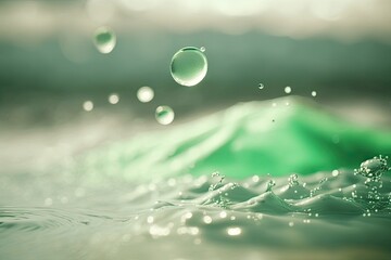 Sticker - Mint green translucent clear calm water surface texture with bubbles and splashes in defocused closeup. Summer natural abstract backdrop in style. waves of mint with copy space in Generative AI