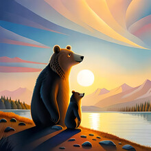 Bear And Baby Bear Are Watching The Sunset