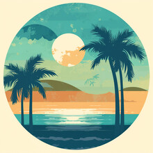 Tropical Beach Landscape With Sea, Sunset And Palm Trees. Abstract Landscape. Tropical Paradise Island Logo. Summer Vacation Concept Circle Icon. Created With Generative Ai