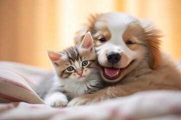 Playful kitten and puppy
