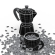 Italian geyser coffee maker a la moka and ceramic coffee cup on white