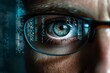 Close-up of Eyes and Glasses with Tech Reflection, Cyber Security Concept, AI Generative 